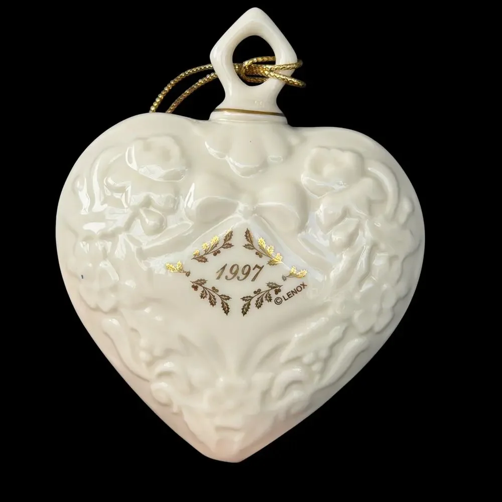 Lenox 1997 Annual Christmas Ornament Porcelain Heart Embossed Gold Tassel Puffy